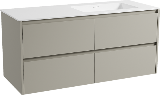Storke Seda zwevend badmeubel 130 x 52 cm zijdegrijs met Mata asymmetrisch rechtse wastafel in solid surface mat wit
