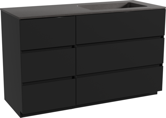 Storke Edge staand badmeubel 130 x 52 cm mat zwart met Scuro asymmetrisch rechtse wastafel in kwarts mat zwart
