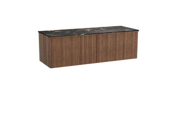 Balmani Forma hängendes Möbelstück Set: 150 x 55 cm, Amerikanischer Nussbaum, mit Stretto Einzel- oder Doppel Waschtischplatte, Marmor, Portoro Gold, Vertikale asymmetrische Runde Rippe
