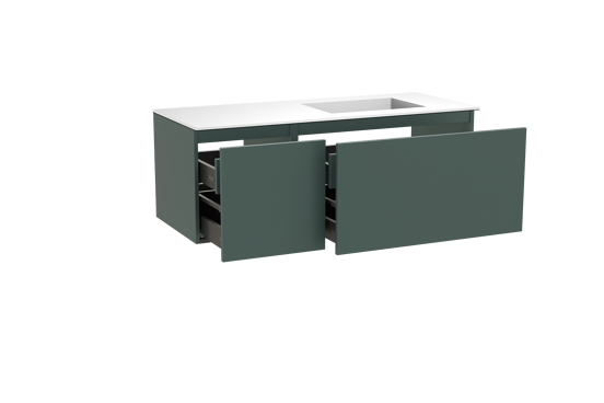 Balmani Sfera meuble salle de bains suspendu 135 x 55 cm forest avec Tablo Stretto vasque asymétrique droite en solid surface blanc mat
