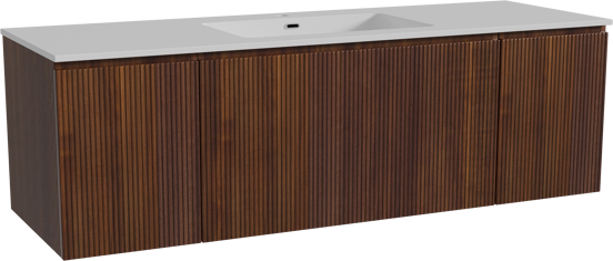 Storke Ribs zwevend badkamermeubel 155 x 52 cm notelaar met Diva enkele wastafel in composietmarmer glanzend wit, Verticale symmetrische rechte ribbel