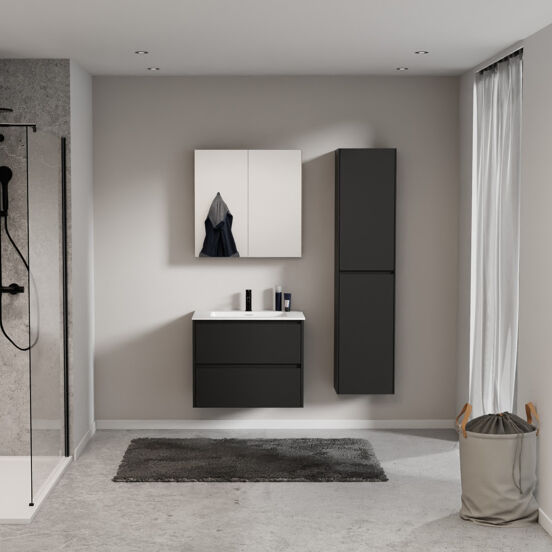 Storke Seda meuble salle de bains suspendu 75 x 52 cm noir mat avec Mata plan simple en solid surface blanc mat