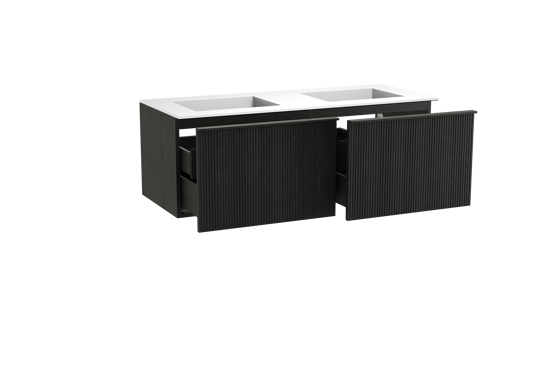 Balmani Forma meuble salle de bains suspendu 135 x 55 cm chêne noir avec Tablo Stretto double vasque en solid surface blanc mat, Nervure droite symétrique verticale