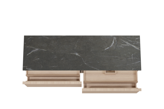 Balmani Forma hängendes Möbelstück Set: 180 x 55 cm, Naturbelassene Eiche, mit Stretto Einzel- oder Doppel Waschtischplatte, Marmor, Pietra Grey, Horizontale symmetrische gerade Rippe