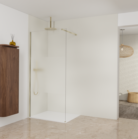 Balmani Modular Walk-In Dusche: 100 x 200 cm, Klarglas mit mattiertem Streifen, inklusive Coating, Profil Brushed Champagne Gold
