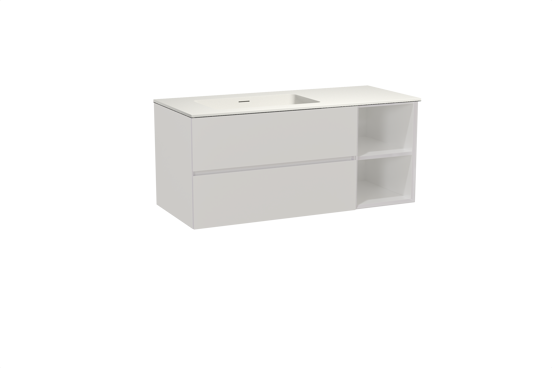 Storke Edge meuble salle de bains suspendu 120 x 52 cm blanc brillant avec Mata plan vasque asymétrique à gauche en solid surface blanc mat