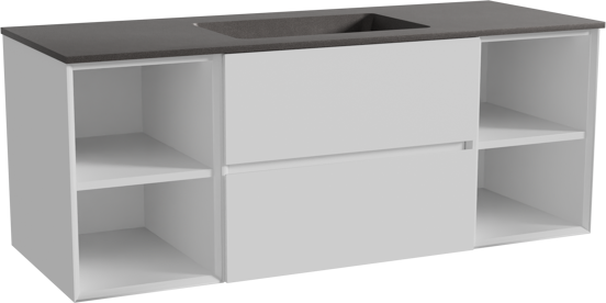 Storke Edge zwevend badmeubel 135 x 52 cm mat wit met Scuro enkele wastafel in kwarts mat zwart