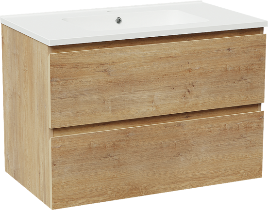 Linie Lado zwevend badmeubel 80 x 46 cm naturel eiken met Vano enkele wastafel in composietmarmer mat wit