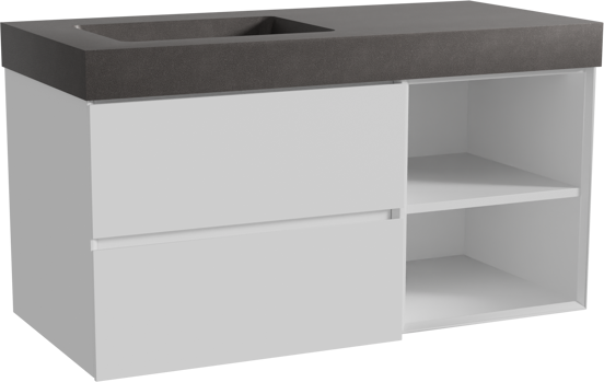 Storke Edge meuble salle de bains suspendu 110 x 52 cm blanc mat avec Scuro High plan vasque asymétrique à gauche en quartz noir mat