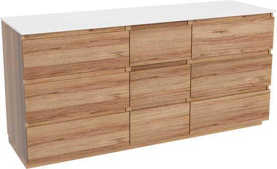 Balmani Lucida staand badkamermeubel 180 x 55 cm teak met Stretto enkel of dubbel tablet in solid surface mat wit