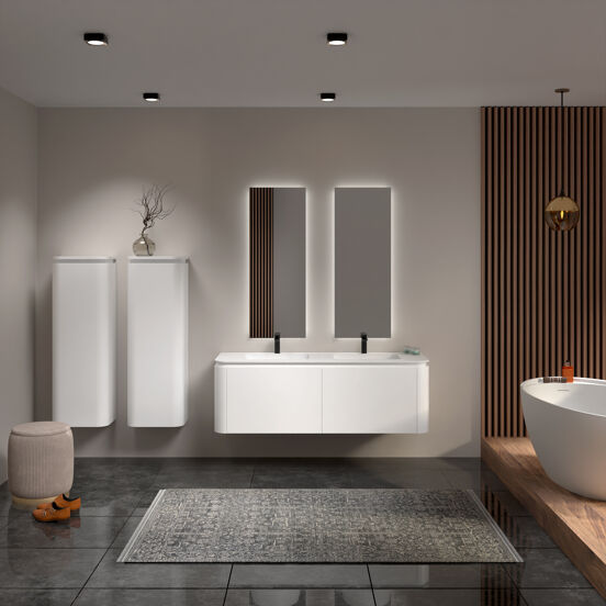 Balmani Moon meuble salle de bains suspendu 160 x 55 cm blanc mat avec Moon double vasque en solid surface blanc mat