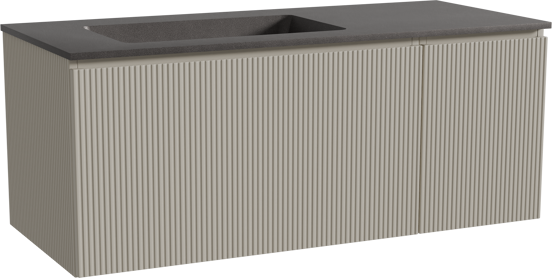 Storke Ribs hängendes Möbelstück Set: 120 x 52 cm, Seidengrau, mit Scuro Waschtisch links, Quarz, Schwarz matt, Vertikale symmetrische gerade Rippe