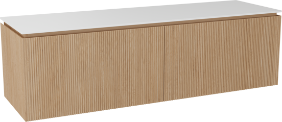 Balmani Eclips meuble salle de bains suspendu 180 x 55 cm Chêne naturelle avec Stretto tablette simple ou double en Solid Surface blanc mat, Nervure droite symétrique verticale
