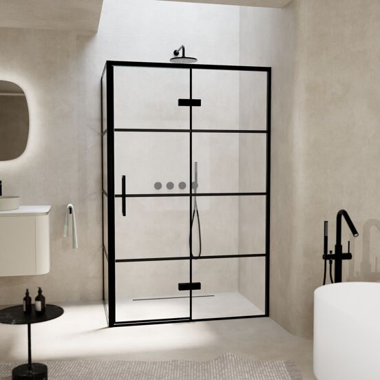Balmani Senses Design douche en coin avec porte pivotante à droite et paroi latérale fixe, 120 x 80 cm, Lined, Profil noir, coating inclus, coating inclus