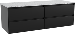 Balmani Mitra hängendes Möbelstück Set: 150 x 55 cm, Schwarz matt, mit Stretto Einzel- oder Doppel Waschtischplatte, Terrazzo in Weiß/Schwarz matt