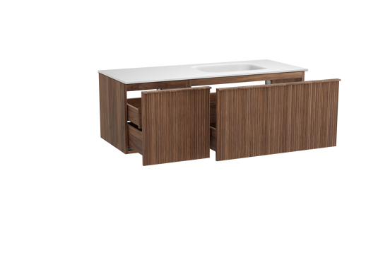 Balmani Forma hängendes Möbelstück Set: 135 x 55 cm, Amerikanischer Nussbaum, mit Tablo Arcato Waschtisch rechts, Solid Surface, Weiß matt, Vertikale asymmetrische Runde Rippe
