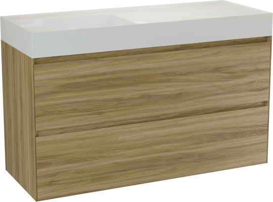 Balmani Mitra Compact meuble salle de bains suspendu 120 x 46 cm chêne brut avec Argila vasque asymétrique gauche en marbre composite blanc brillant