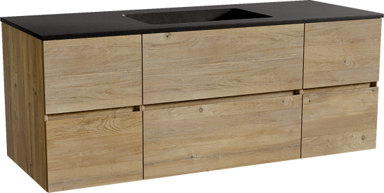 Storke Edge zwevend badmeubel 135 x 52 cm ruw eiken met Scuro enkele wastafel in kwarts mat zwart