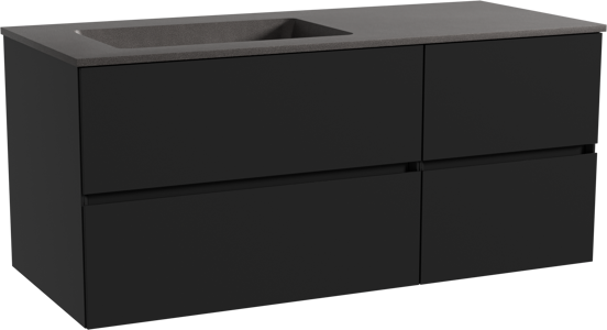 Storke Edge zwevend badmeubel 120 x 52 cm mat zwart met Scuro asymmetrisch linkse wastafel in kwarts mat zwart