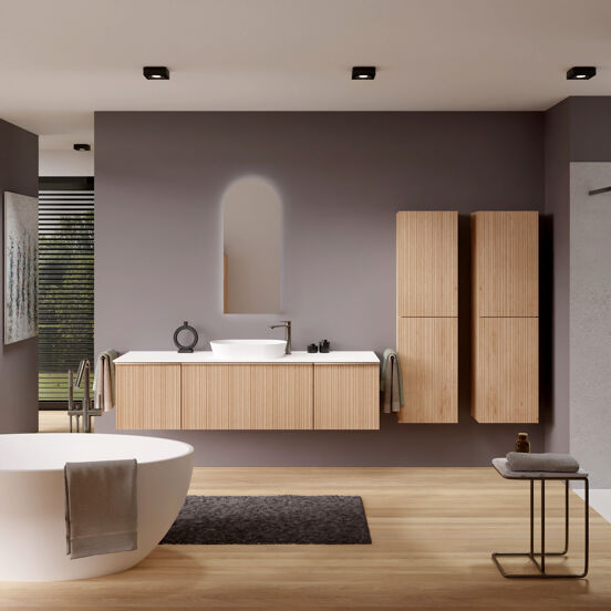 Balmani Forma zwevend badmeubel 180 x 55 cm naturel eiken met Stretto enkel of dubbel wastafelblad in solid surface mat wit, Verticale asymmetrische ronde ribbel