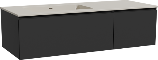 Storke Edge zwevend badkamermeubel 130 x 52 cm mat zwart met Diva asymmetrisch linkse wastafel in top solid zijdegrijs