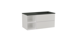Storke Edge meuble salle de bains suspendu 110 x 52 cm blanc brillant avec Scuro vasque asymétrique droite en quartz noir mat