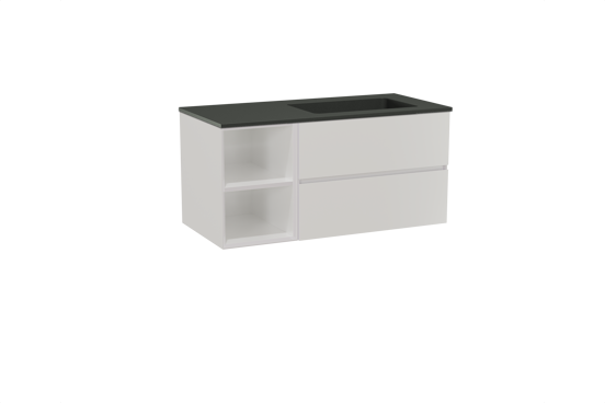 Storke Edge meuble salle de bains suspendu 110 x 52 cm blanc brillant avec Scuro vasque asymétrique droite en quartz noir mat