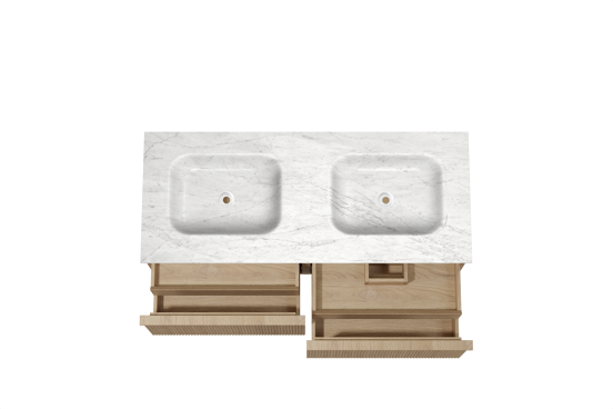 Balmani Forma zwevend badkamermeubel 135 x 55 cm natuur eik met Tablo Arcato dubbele wastafel in marmer carrara, Verticale symmetrische rechte ribbel