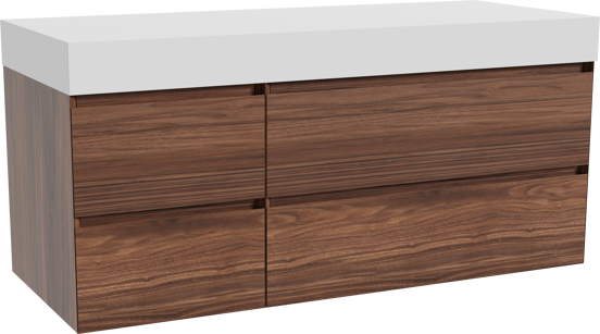 Balmani Mitra hängendes Möbelstück Set: 135 x 55 cm, Nussbaum, mit Dominus Einzel- oder Doppel Waschtischplatte, Solid Surface Weiß matt
