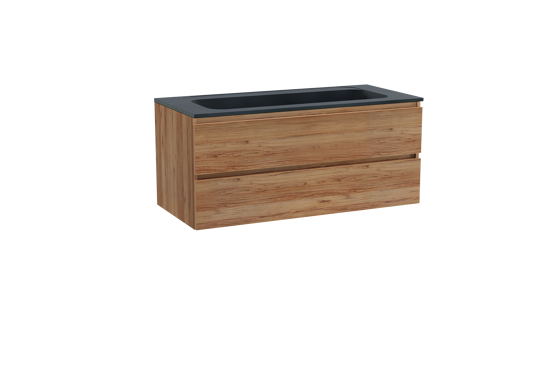 Balmani Lucida meuble salle de bains suspendu 120 x 55 cm teck avec Tablo Strada lavabo simple pour 2 trous de robinet en marbre composite noir mat