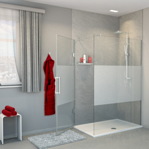 Balmani Modular Walk-In-Dusche mit Tür Links 120 x 200 cm, Klarglas mit mattiertem Streifen, Profil chrom glänzend