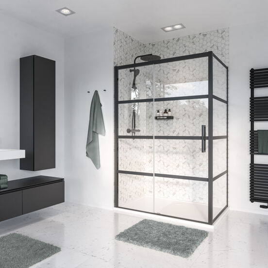 Luca Varess Senses Eckdusche: Schiebetür (links), fixierte Seitenwand, 160 x 90 cm, Lined Glas, Schwarzes Profil, matt