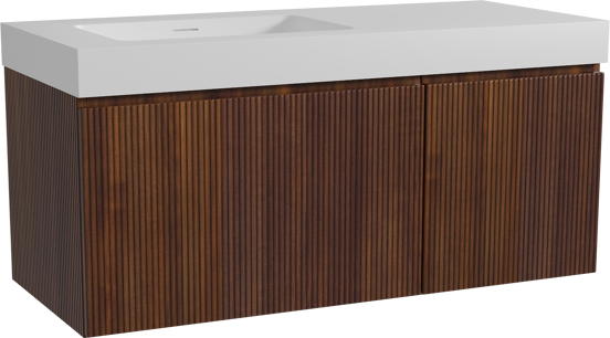 Storke Ribs hängendes Möbelstück Set: 120 x 52 cm, Nussbaum, mit Mata High Waschtisch links, Solid Surface, Weiß matt, Vertikale symmetrische gerade Rippe
