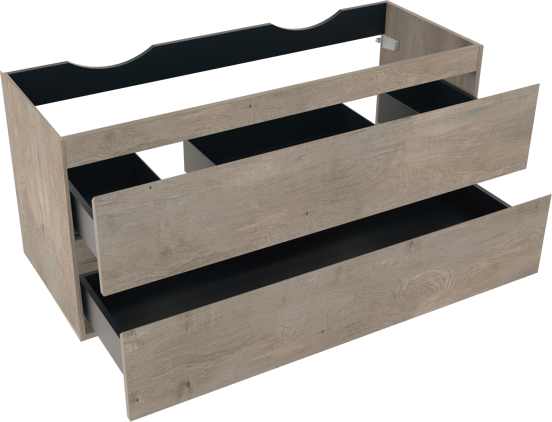 Linie Lado hängendes Möbelstück Set: 120 x 46 cm, Graue Eiche, mit Baro Doppelwaschtisch im Porzellan Weiß glänzend und Montro Spiegelschrank