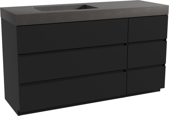 Storke Edge staand badkamermeubel 150 x 52 cm mat zwart met Scuro High asymmetrisch linkse wastafel in kwarts mat zwart