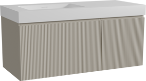 Storke Ribs meuble salle de bains suspendu 120 x 52 cm soie grise avec Mata High plan vasque asymétrique à gauche en solid surface blanc mat, Nervure droite symétrique verticale