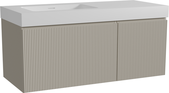 Storke Ribs meuble salle de bains suspendu 120 x 52 cm soie grise avec Mata High plan vasque asymétrique à gauche en solid surface blanc mat, Nervure droite symétrique verticale