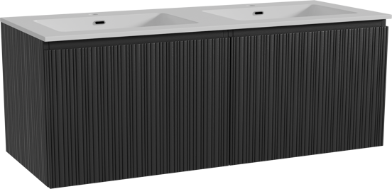 Storke Ribs zwevend badmeubel 130 x 52 cm zwart eiken met Diva dubbele wastafel in composietmarmer hoogglans wit, Verticale asymmetrische rechte ribbel