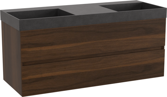 Storke Edge zwevend badkamermeubel 120 x 46 cm notelaar met Jura dubbele wastafel in kwarts mat zwart