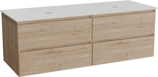 Balmani Mitra hängendes Möbelstück Set: 150 x 55 cm, Rohe Eiche, mit Facetta Doppel Waschtischplatte, Solid Surface Weiß matt