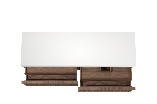 Balmani Forma meuble salle de bains suspendu 180 x 55 cm noyer américain avec Dominus tablette simple ou double en solid surface blanc mat, Nervure droite symétrique verticale
