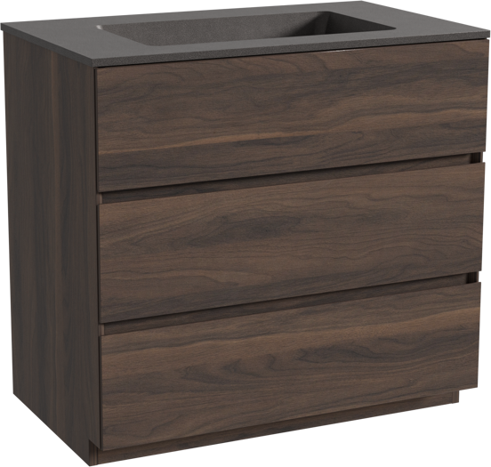 Storke Edge staand badkamermeubel 85 x 52 cm notelaar met Scuro enkele wastafel in kwarts mat zwart