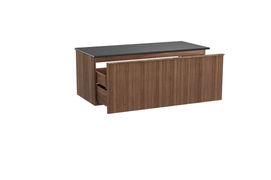 Balmani Forma hängendes Möbelstück Set: 120 x 55 cm, Amerikanischer Nussbaum, mit Stretto Einzel Waschtischplatte, Granit, Schwarzes Granit, Vertikale asymmetrische Runde Rippe