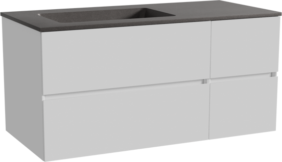 Storke Edge zwevend badmeubel 110 x 52 cm hoogglans wit met Scuro asymmetrisch linkse wastafel in kwarts mat zwart