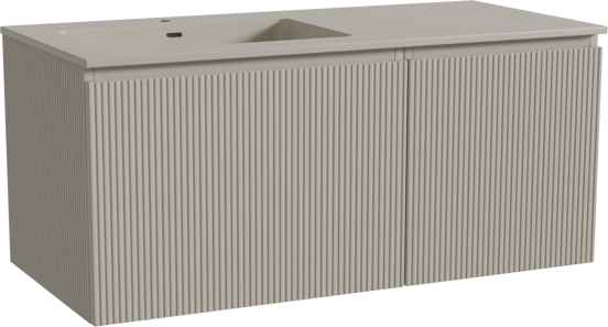 Storke Ribs zwevend badmeubel 110 x 52 cm zijdegrijs met Diva asymmetrisch linkse wastafel in top solid zijdegrijs, Verticale symmetrische rechte ribbel