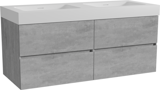 Storke Edge zwevend badmeubel 130 x 52 cm beton donkergrijs met Mata High dubbele wastafel in solid surface mat wit