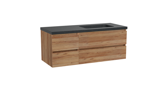Balmani Lucida zwevend badkamermeubel 135 x 55 cm teak met Napoli asymmetrisch rechtse wastafel in graniet zwart