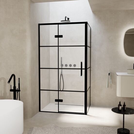 Balmani Senses Design douchehoek met linkse draaideur en vaste zijwand, 100 x 80 cm, Lined, Zwarte profielen, met coating