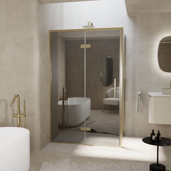 Balmani Senses Design Eckdusche: Drehtür (Links) mit fixierte Seitenwand, 120 x 90 cm, Reflex-Spiegelglas, Profil Brushed Champagner Gold