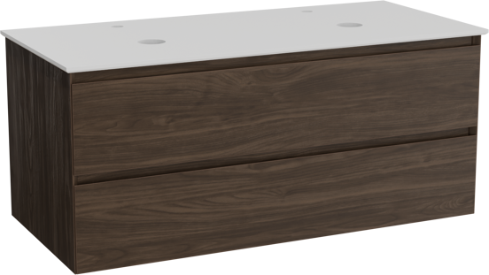 Balmani Mitra zwevend badkamermeubel 120 x 55 cm amerikaanse notelaar met Facetta dubbel tablet in solid surface mat wit
